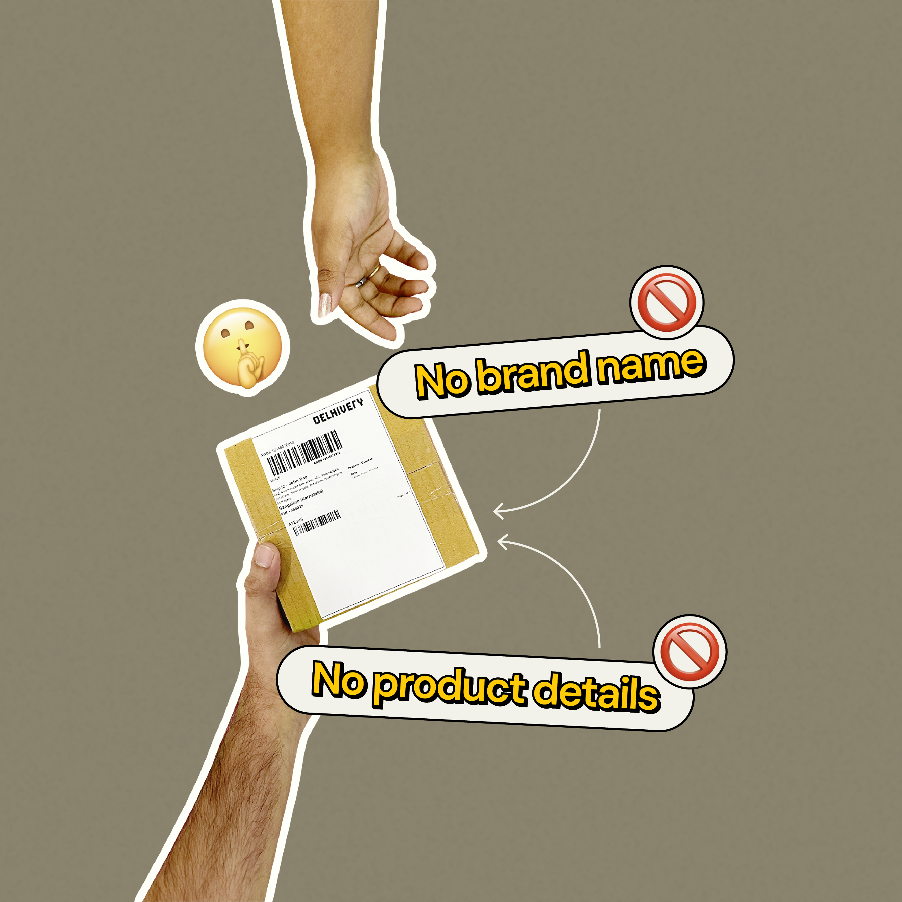 a male hand handing over a discreet delivery box of brown cardboard box to a female hand showing discreet delivery. text on the image is no brand name, no product details